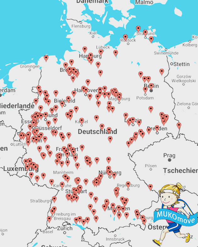 Deutschlandkarte mit sehr vielen Punkten, die sich vor allem im Westen Deutschlands konzentrieren. Hier haben sich überall Menschen für den MUKOmove 2025 bewegt. 