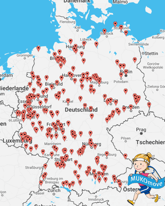 Deutschlandkarte mit sehr vielen Punkten, die sich vor allem im Westen Deutschlands konzentrieren. Hier haben sich überall Menschen für den MUKOmove 2025 bewegt. 