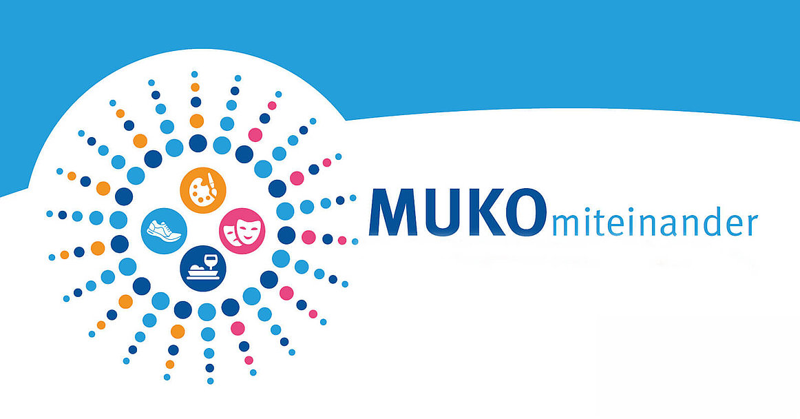 Verschiedene Icons: Sportschuh, Masken, Essen und Farbpalette in verschiedenen Farben mit der Schrift MUKOmiteinanander