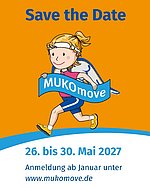 Icon, Gezeichneter Schutzengel in Laufkleidung mit einem Schild "MUKOmove" in der Hand, drum herum der Text: Save the Date, 26.-30. Mai 2027, Anmeldung ab Januar unter www.mukomove.de