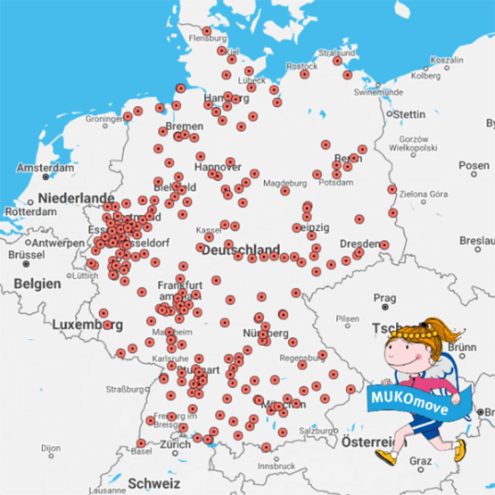 Deutschlandkarte mit den Orten, an denen sich Menschen beim MUKOmove 2024 bewegt haben. 
