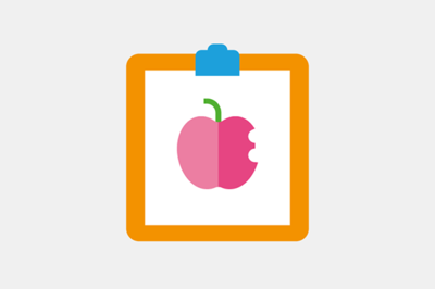 Icon zur Ernährungstherapie Stilisiertes Klemmbrett, darin ist ein gezeichneter angebissener Apfel in rot.