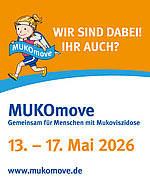 Icon, Vorlage für einen Instagram-Post zum MUKOmove mit dem Text "Wir sind dabei! Ihr auch?"