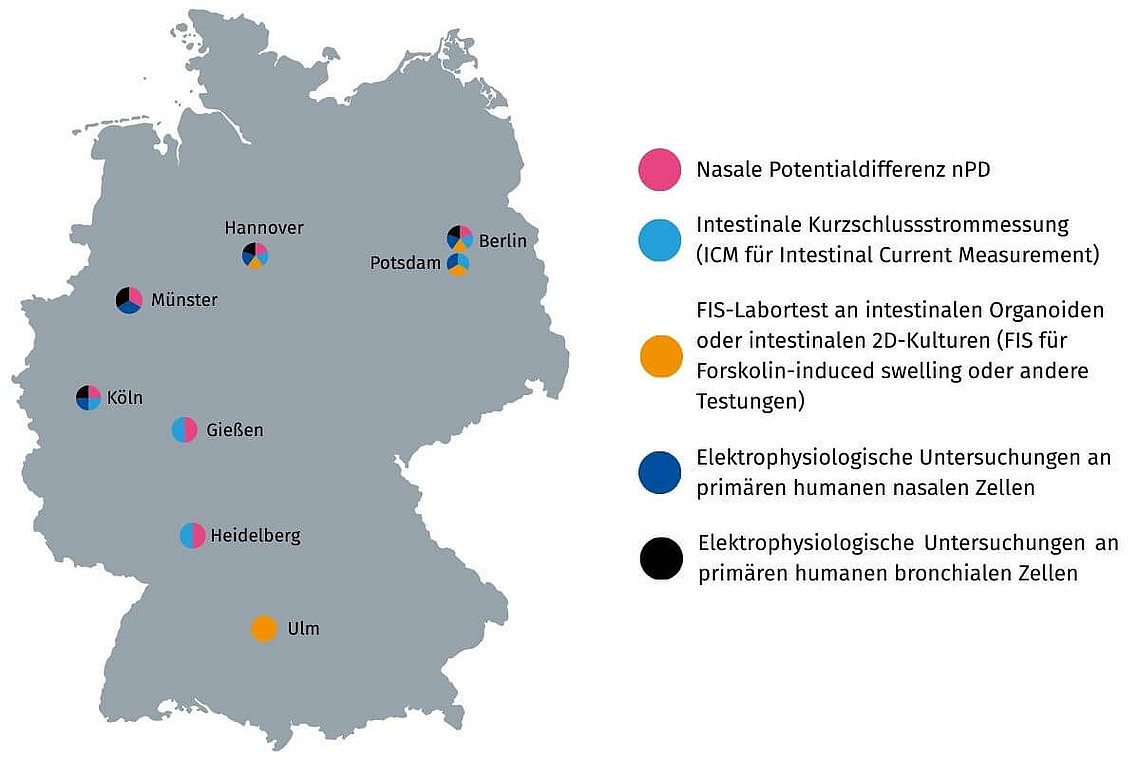 Deutschlandkarte mit verschiedenfarbigen Punkten: Diese symbolisieren, wo die CFTR-Funktionsdiagnostik durchgeführt wird. 