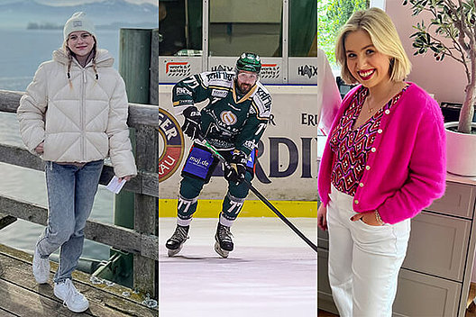 Collage aus drei Bildern: links Frau mit weißer Winterjacke, mitte Mann beim Eishockey-Spiel auf dem Eis in voller Eishockey-Montur, rechts Frau mit pinkem Pullover und halblangen blonden Haaren. 