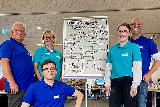 Die Regionalgruppe Münster Drei Männer (in blauen Shirts) und zwei Frauen (in türkisen Shirts) stehen vor einer gemalten Deutschlandkarte auf einem Flipchart, auf dem "Selbsthilfe-Tagung in Münster" zu lesen ist.