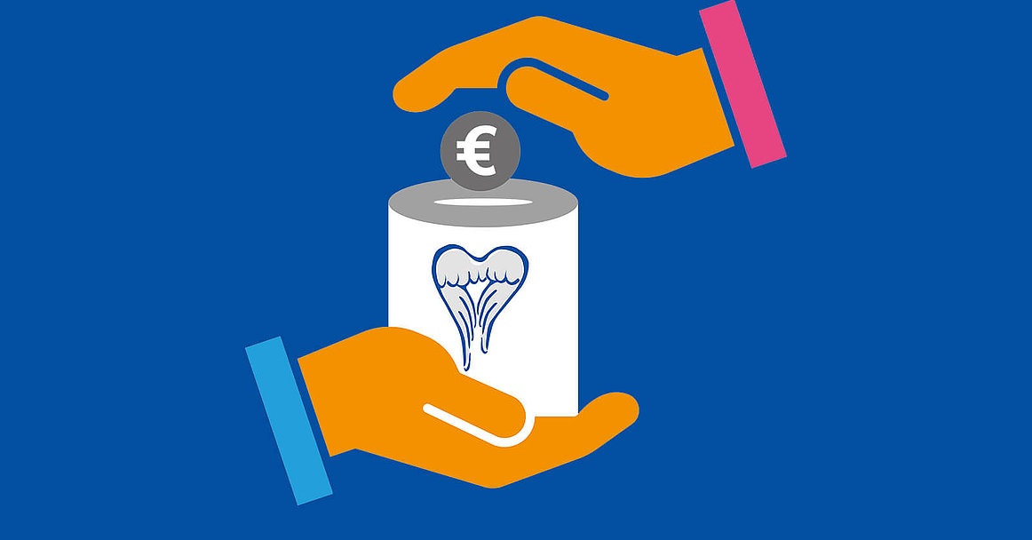 Symbol: Hände mit Spendendosen. Starten Sie eine Spendenaktion zugunsten von Menschen mit Mukoviszidose. 