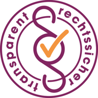 Kreis mit einem stilisierten Paragraphen, darin liest man die Worte: transparent und rechtssicher