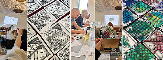 Beim Malen entspannen mit Zentangle - auch das war Thema des Seminarwochenendes. Teilnehmende beim Malen. 