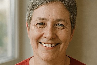 Ingrid K.* Portraitfoto einer Frau mittleren Alters mit rotem T-Shirt