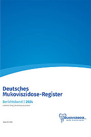 Cover des Berichtsbands 2024 aus dem Deutschen Mukoviszidose-Register, verschiedene Blautöne mit dem vorne genannten Titel. 