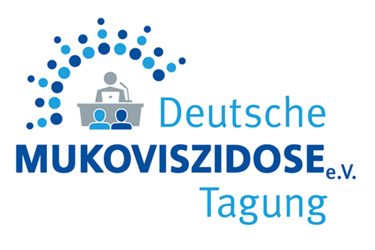 Grafik "Deutsche Mukoviszidose Tagung" Grafik: Rednerpult und Punkte in Hell- und Dunkelblau, dazu die Schrift "Deutsche Mukoviszidose Tagung"