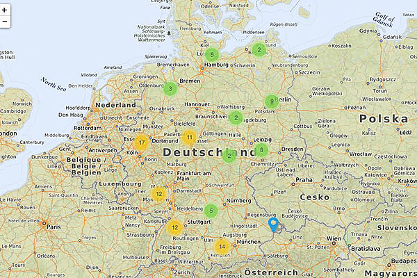 Ansicht der Karte mit CF-Einrichtungen in Deutschland