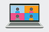 Icon Videokonferenz (gezeichneter Bildschirm mit vier Videokonferenzteilnehmern) - der Mukoviszidose e.V. bietet zahlreiche Online-Veranstaltungen an