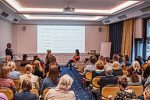 Seminarraum mit Zuschauern, vorne sitzen zwei Menschen und simulieren ein Patientengespräch: Dipl. Psych. Cäcilia Siemens und Dr. med. Sandra Barth hielten Impulsvorträge im Rahmen des Workshops des Arbeitskreises Psychosoziales zum Thema: Wie sage ich es? Mit SPIKES? – CF-Behandler als Glücksbringer und Hiobsbotschafter 