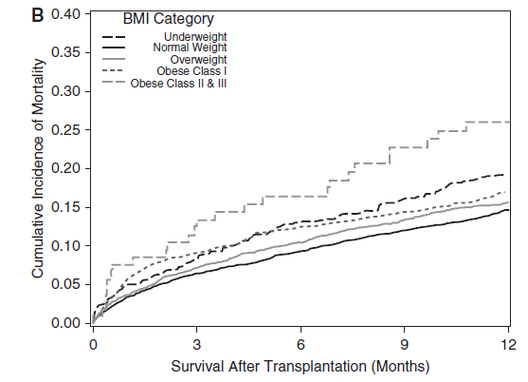 Grafik zur Überlebenswahrscheinlichkeit von Patienten nach Transplantation abhängig vom Gewicht