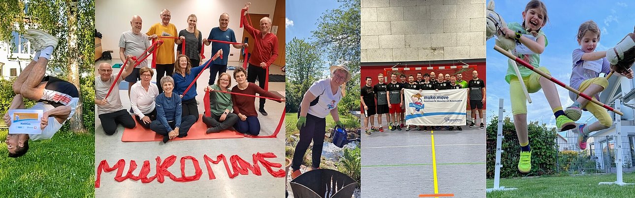 Collage mit Bildern vom MUKOmove: ein Mann macht einen Salto und hält ein MUKOmove-Schild, eine Gymnastiktruppe posiert mit roten Thera-Bändern, eine Frau macht Gartenarbeit, ein Handballteam posiert mit MUKOmove-Banner, zwei kleine Mädchen springen mit ihren Steckenpferden in die Luft. Beim MUKOmove ist jede Sportart vertreten. 
