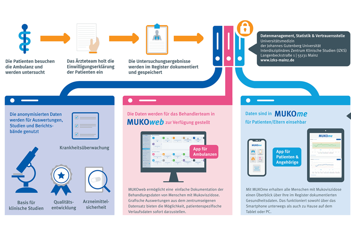 Grafik: Datenfluss im Deutschen Mukoviszidose-Regist. Die Grafik erläutert, wie Daten in das Deutsche Mukoviszidose-Register aufgenommen werden und wie sie verwendet werden: anonymisiert für Studien, über die Software MUKOweb vom Ambulanzteam. Über MUKOme können Patienten ihre eigenen Daten einsehen.