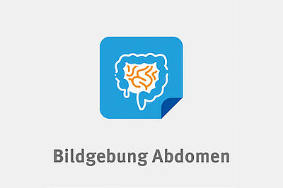 Icon Bildgebung Abdomen Gezeichneter Darm, darum ein blauer Kasten. Dazu stehen da die Worte "Bildgebung Abdomen".