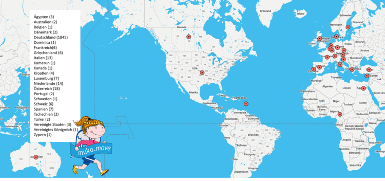 Weltkarte: An diesen Orten haben Menschen sich zum MUKOmove 2023 bewegt. 