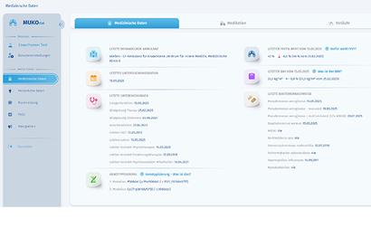 Ein Screenshot einer Anwendungsoberfläche, auf der medizinische Daten dargestellt sind, zum Beispiel der Name einer Klinik, das Datum der letzten Untersuchung und vieles mehr.