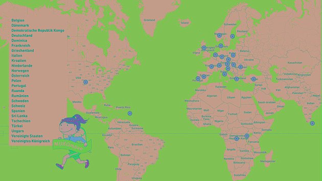 Weltkarte mit den Orten, an denen sich Menschen beim MUKOmove 2024 bewegt haben. Marktiert sind: Belgien, Dänemark, Demokratische Republik Kongo, Deutschland, Dominica, Frankreich, Griechenland, Italien, Kroatien, Niederlande, Norwegen, Österreich, Polen, Portugal, Ruanda, Rumänien, Schweden, Schweiz, Spanien, Sri Lanka, Tschechien, Türkei, Ungarn, USA, UK