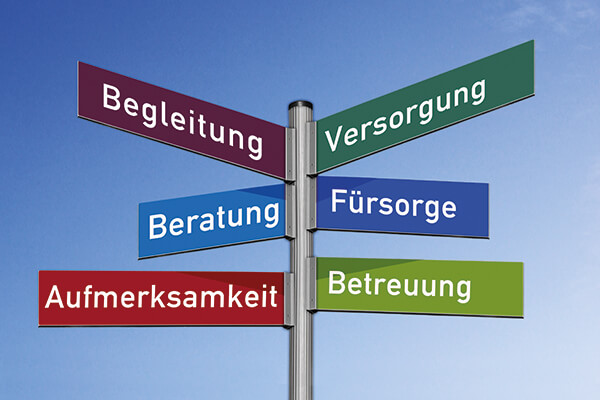 Wegweiser ©Cevahir – stock.adobe.com Wegweiser mit verschiedenen Richtungen, auf denen die Worte Begleitung, Beratung, Versorgung, Fürsorge, Aufmerksamkeit und Begleitung stehen.