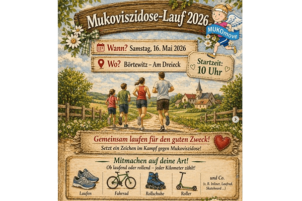 KI generierter Flyer, gezeichnete Figuren, macht Werbung für einen Mukoviszidose Lauf während des MUKOmoves 2026 in Börtewitz