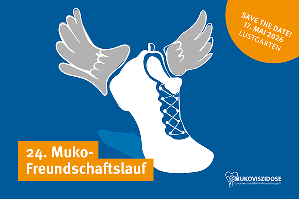 Freundschaftslauf in Potsdam Grafische Darstellung eines Schuhs mit Flügeln, dazu der Text: 24. Muko-Freundschaftslauf, 17. Mai 2026, Lustgarten.