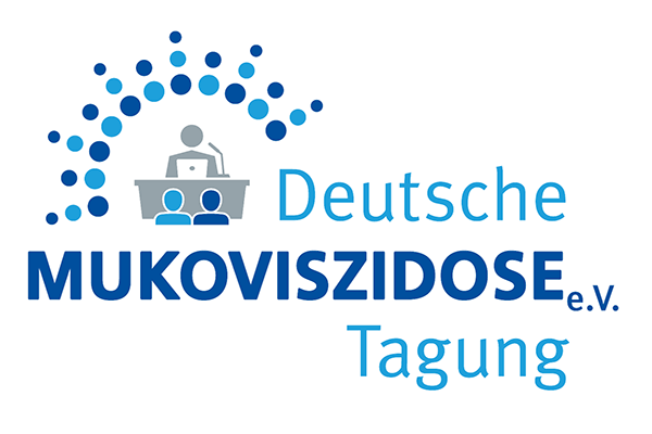 Grafik "Deutsche Mukoviszidose Tagung" Grafik: Rednerpult und Punkte in Hell- und Dunkelblau, dazu die Schrift "Deutsche Mukoviszidose Tagung"