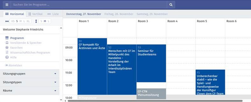 Screenshot des DMT-Programms: Man sieht einen Kalendereintrag mit Programmpunkten der Deutschen Mukoviszidose Tagung. 