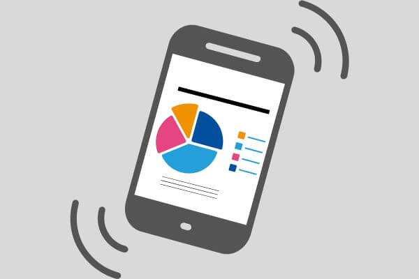 Stilisiertes Handy, auf dem eine stilisierte Kreisgrafik zu sehen ist. 